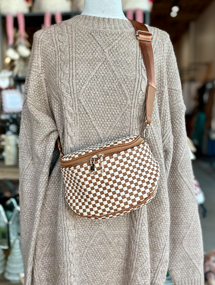Birdie Saddle Checkered Crossbody Bag: Tan
