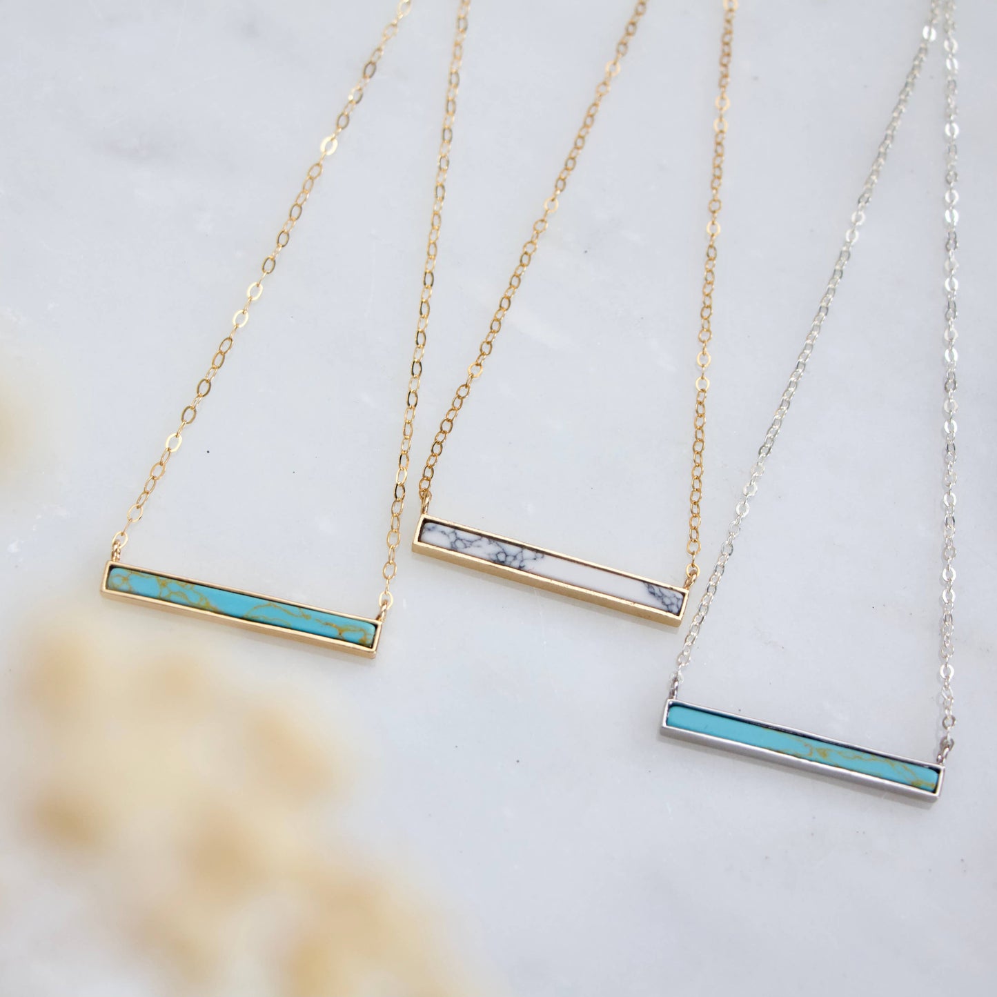 Turquoise, White Turquoise Bar Necklace: Turquoise Gold Filled / 16 inches