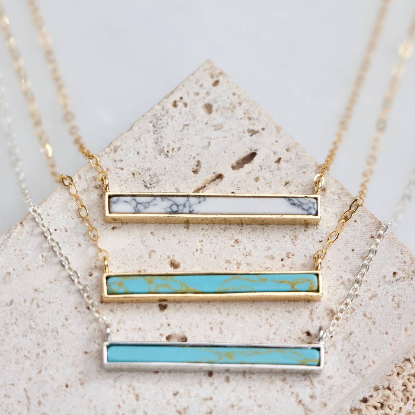 Turquoise, White Turquoise Bar Necklace: White Turquoise Gold Filled / 16 inches