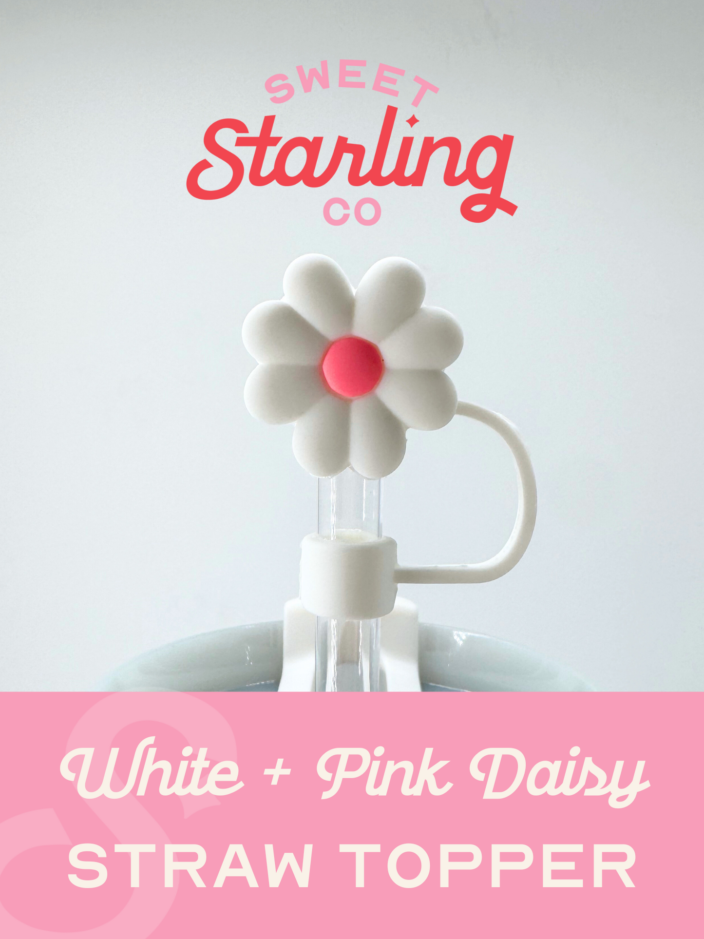 White + Pink Daisy Straw Toppers