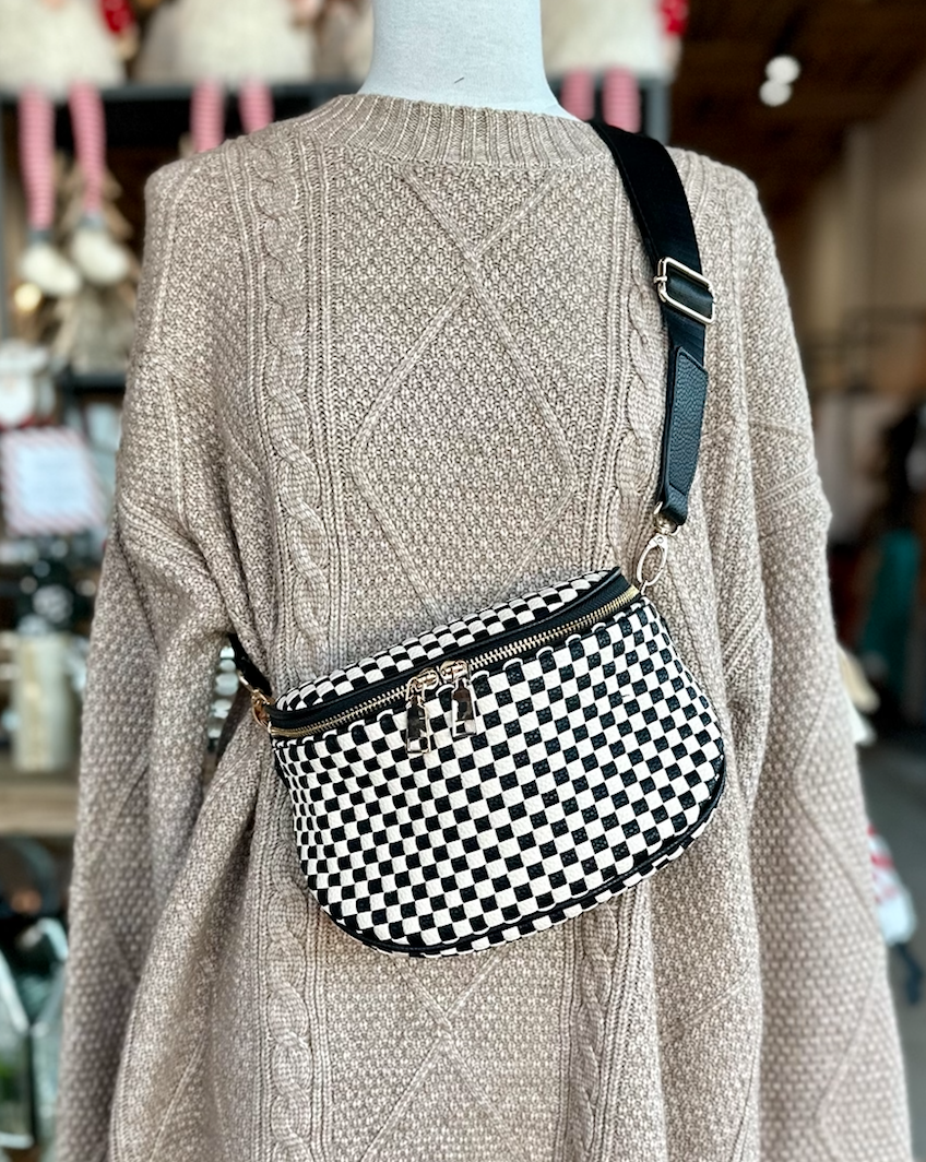 Birdie Saddle Checkered Crossbody Bag: Tan