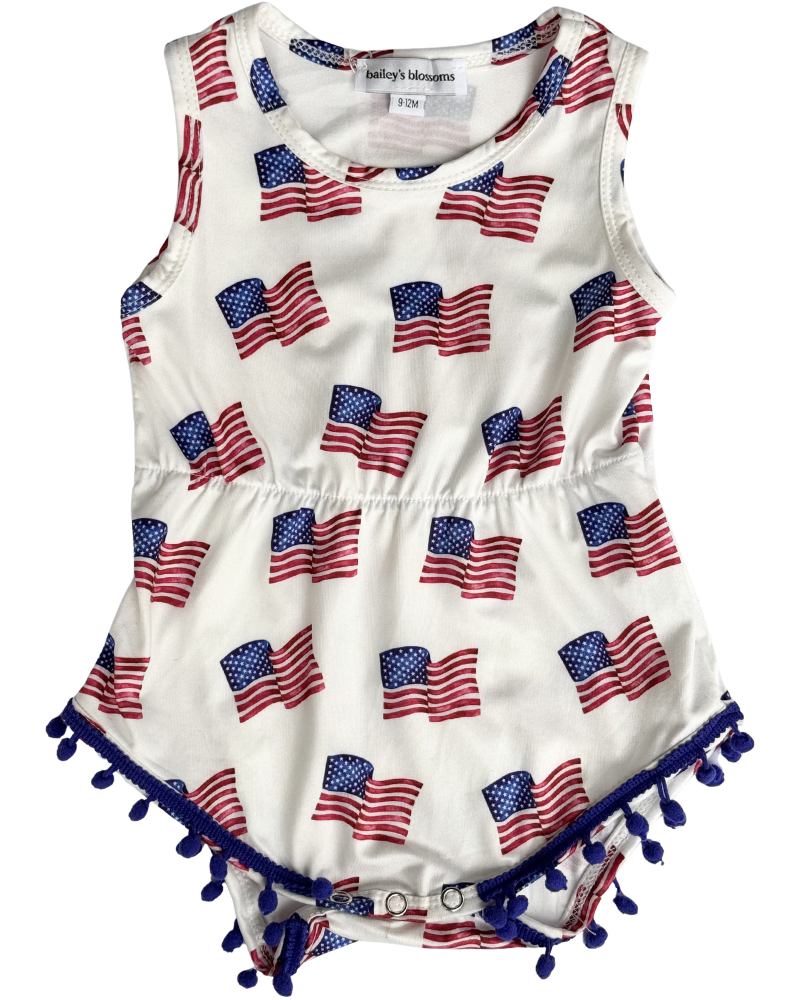 Dillon Pom Pom Romper - Patriotic Flags