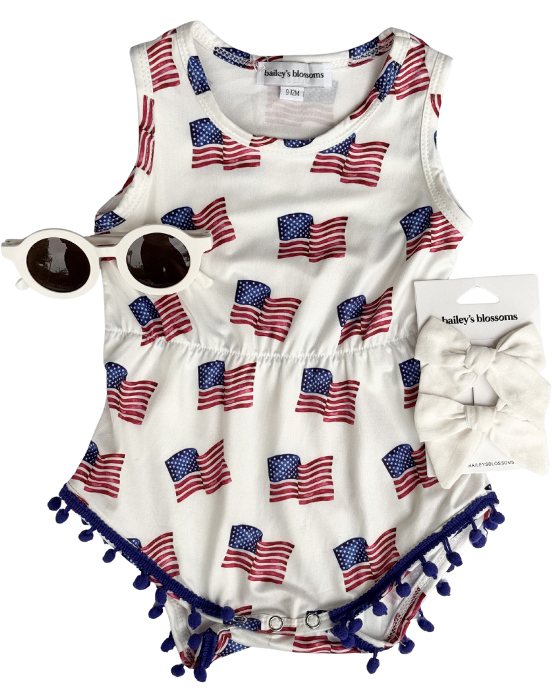Dillon Pom Pom Romper - Patriotic Flags