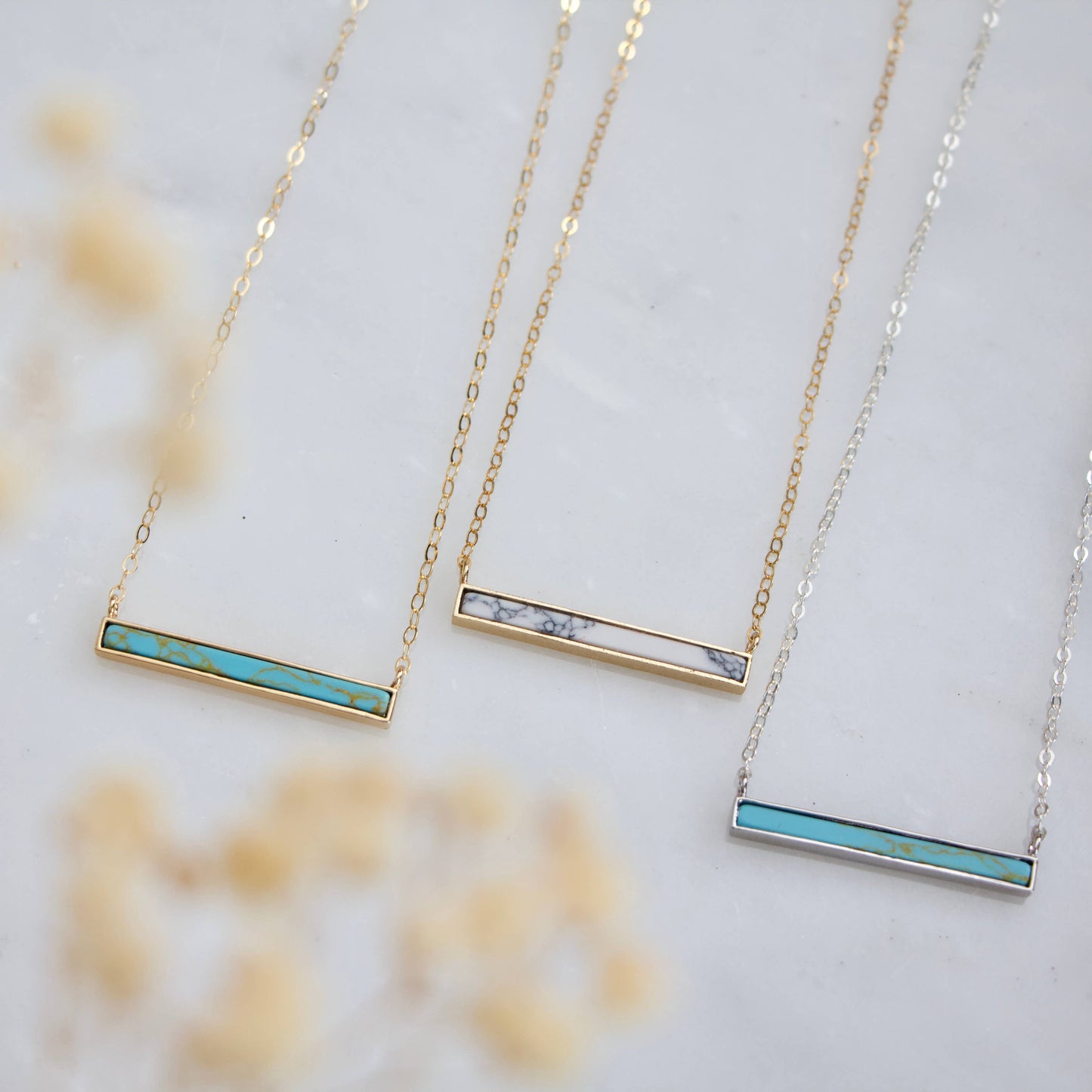 Turquoise, White Turquoise Bar Necklace: White Turquoise Gold Filled / 16 inches