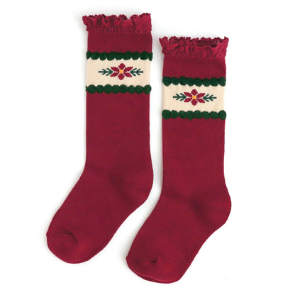 Poinsettia Lace Top Knee High Socks: 0-6 MONTHS