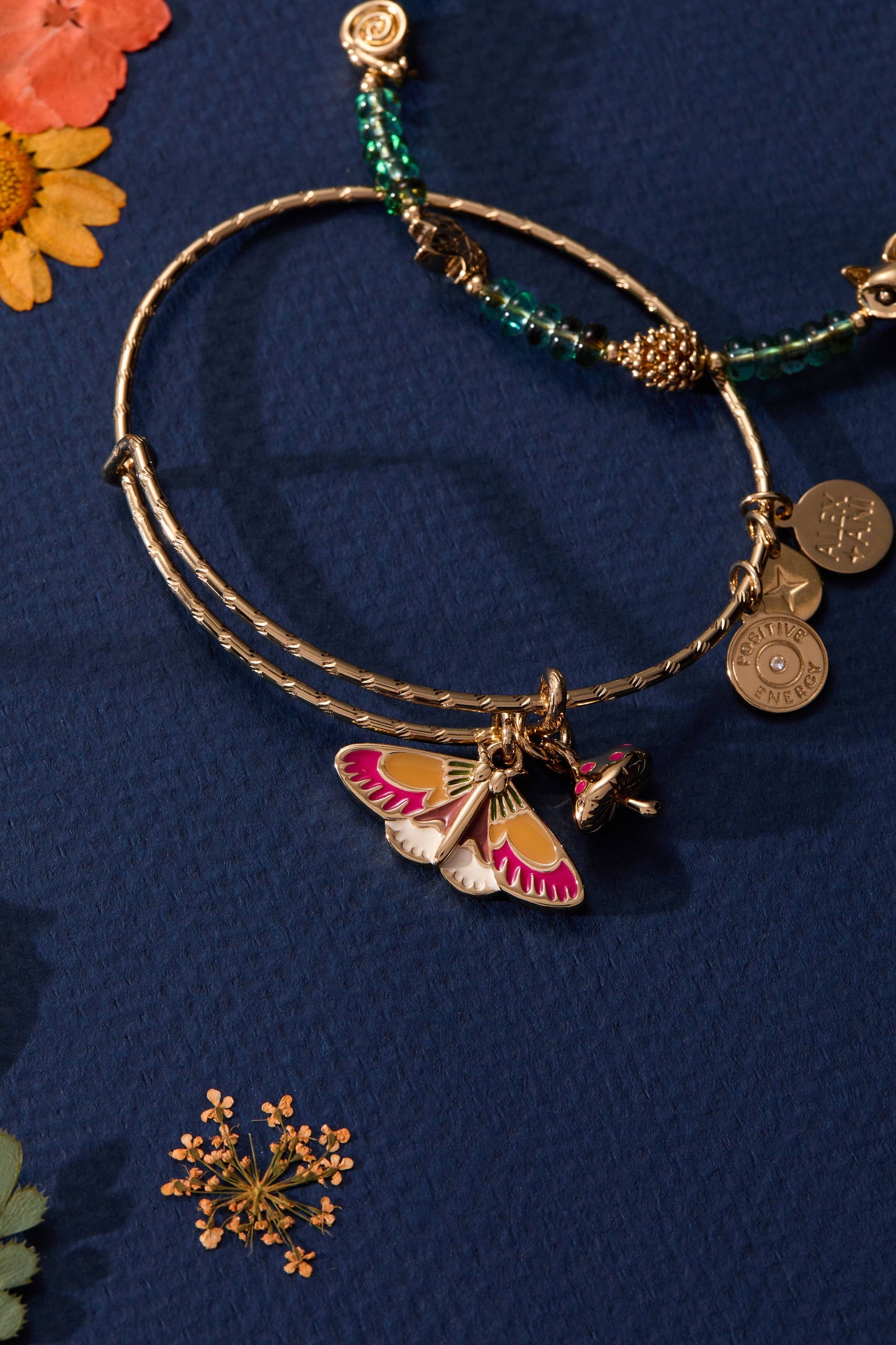 Woodland Moth & Mushroom Duo Charm Bangle: Gold
