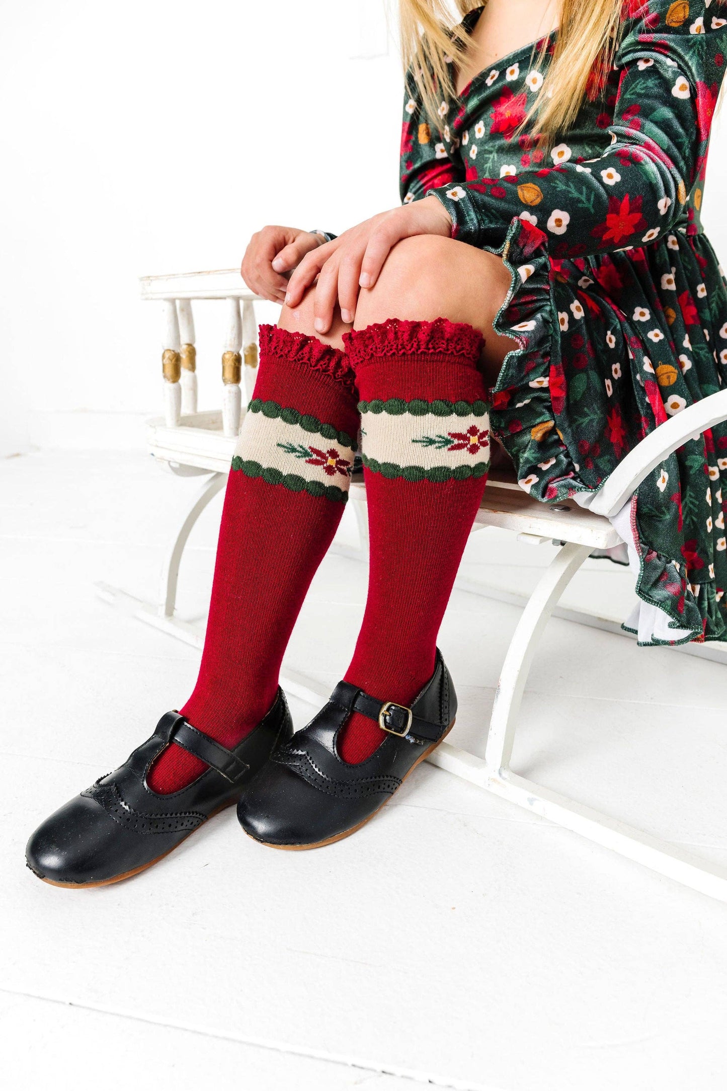 Poinsettia Lace Top Knee High Socks: 0-6 MONTHS