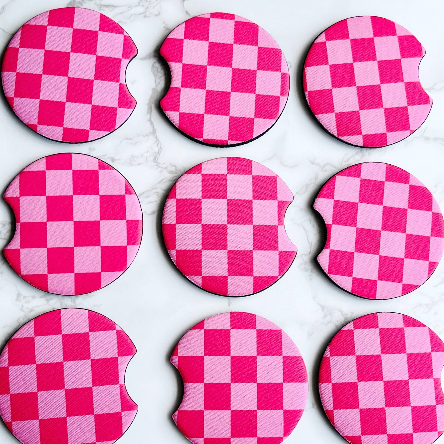 2 Car Coasters, Pink Checkerboard Design