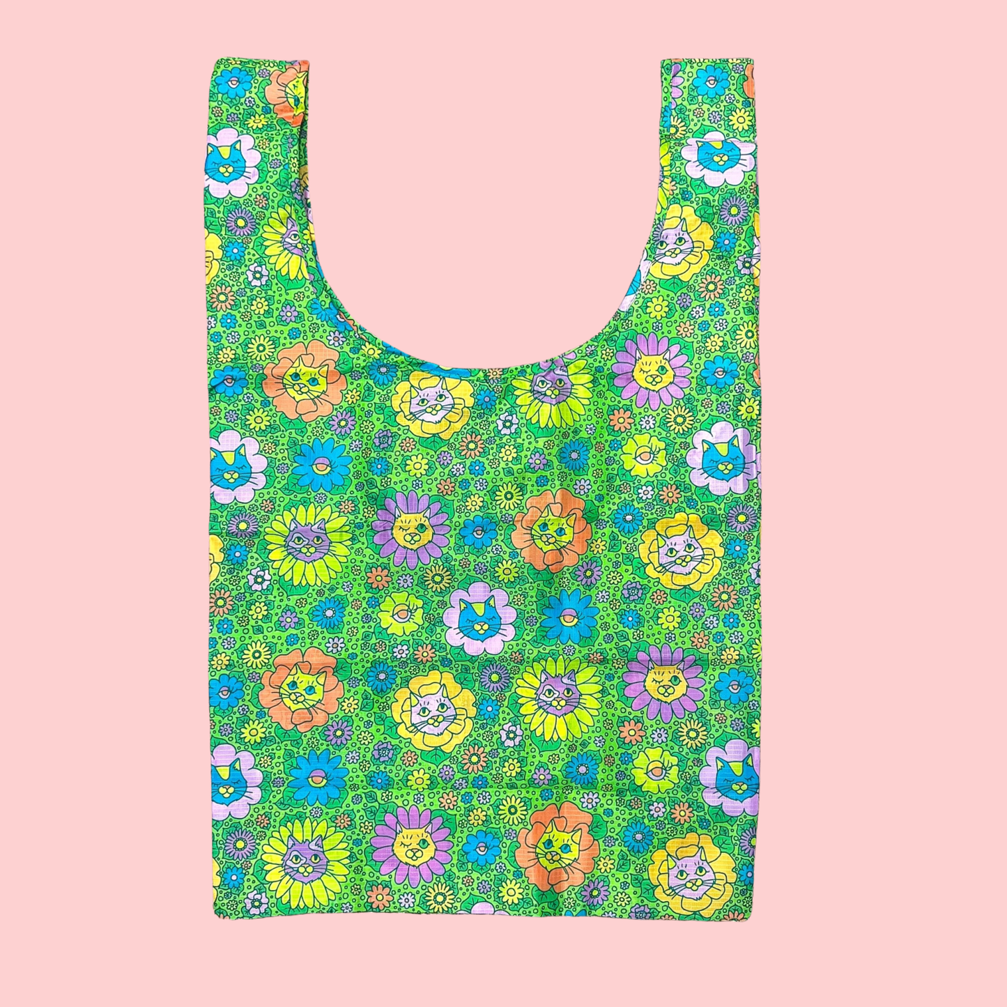 Spring Floral Kitty Nylon Foldable Tote Bag