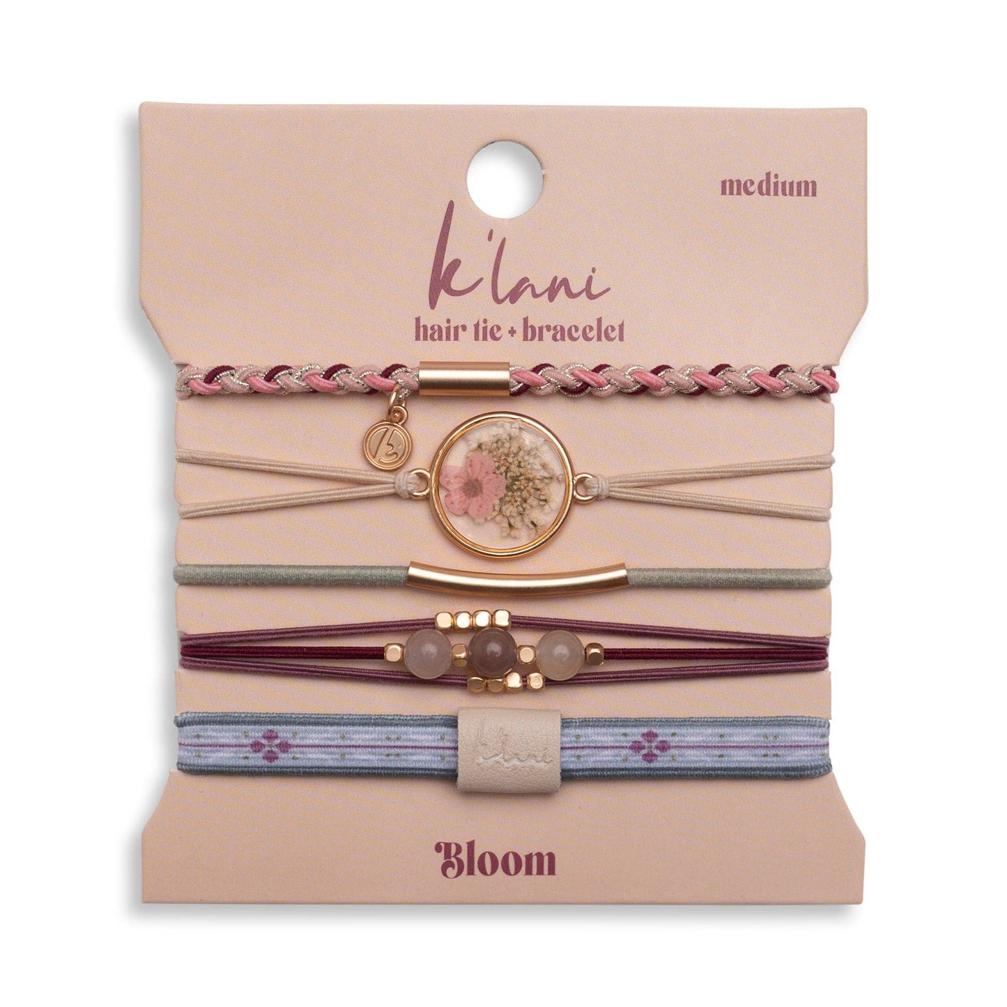 "Bloom" Maroon and Pink with Pressed Flowers Hair Tie Bracelets: Small