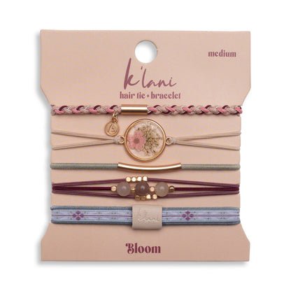 "Bloom" Maroon and Pink with Pressed Flowers Hair Tie Bracelets: Large