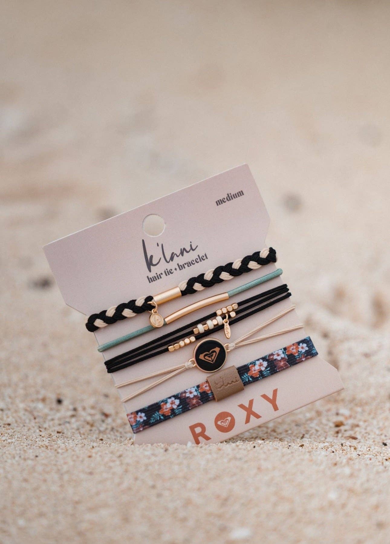 "Roxy Coastal Drift" Black and Neutral Beachy Vibe Hair Tie Bracelets: Small