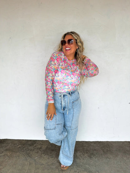 Pink Spring Floral Mesh Top