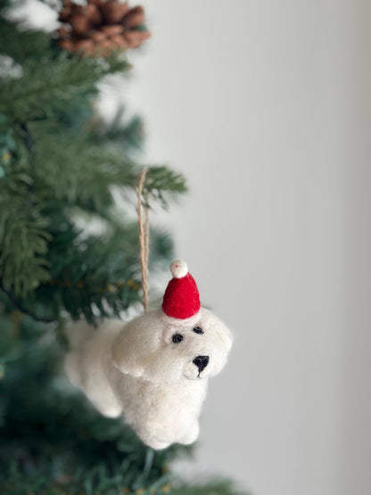 Felt Ornament - White Maltese Dog: With Santa Hat