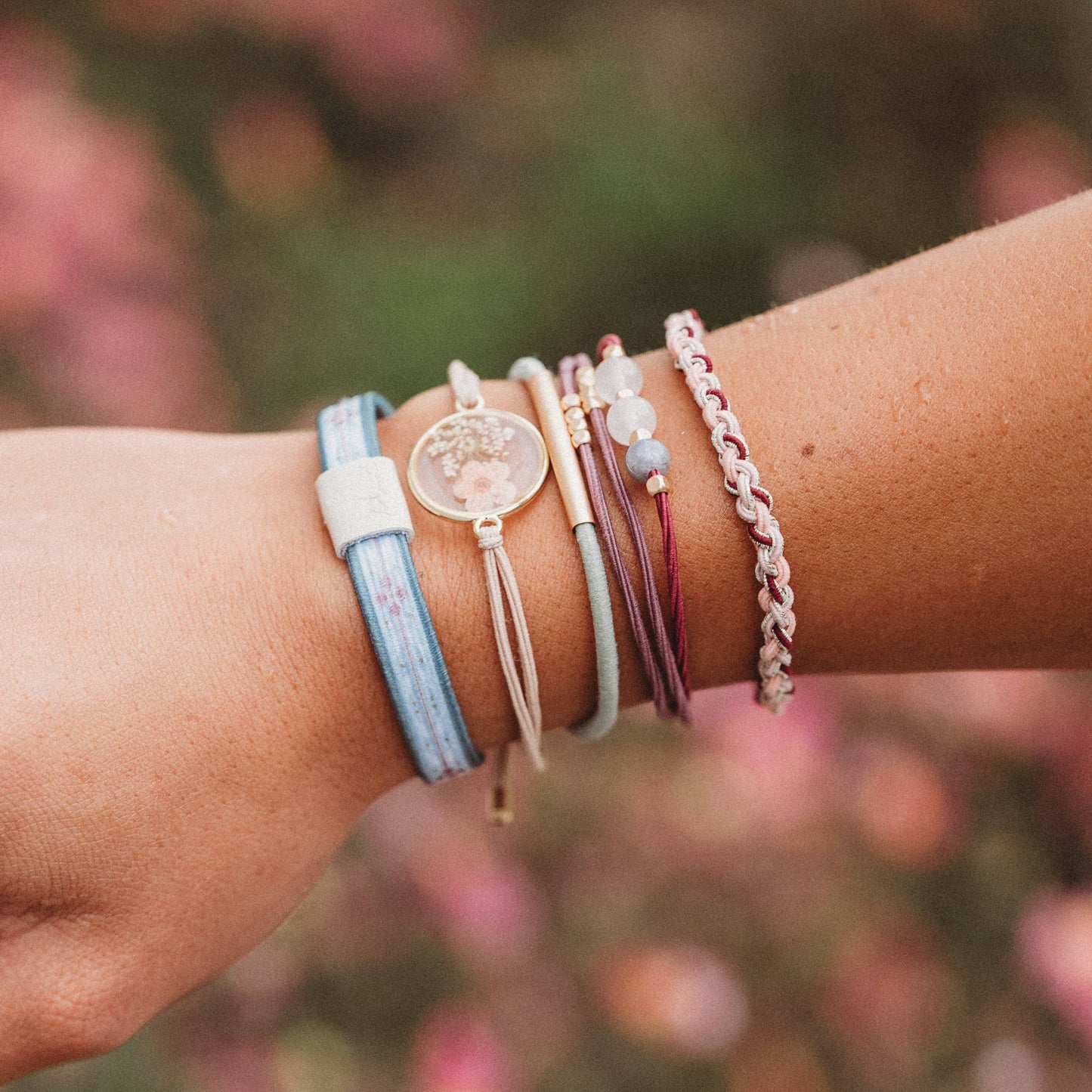"Bloom" Maroon and Pink with Pressed Flowers Hair Tie Bracelets: Large