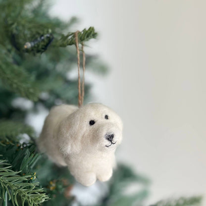 Felt Ornament - White Maltese Dog: With Santa Hat