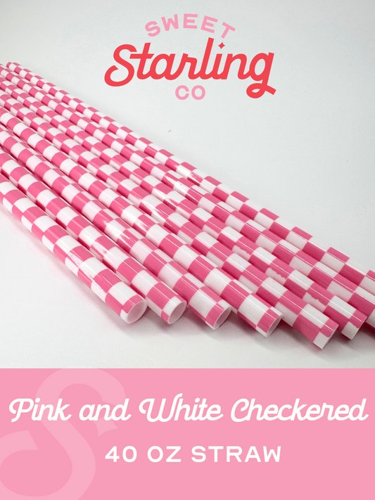 Pink and White Checkered 40 oz Reusable Straws- Wide Fit