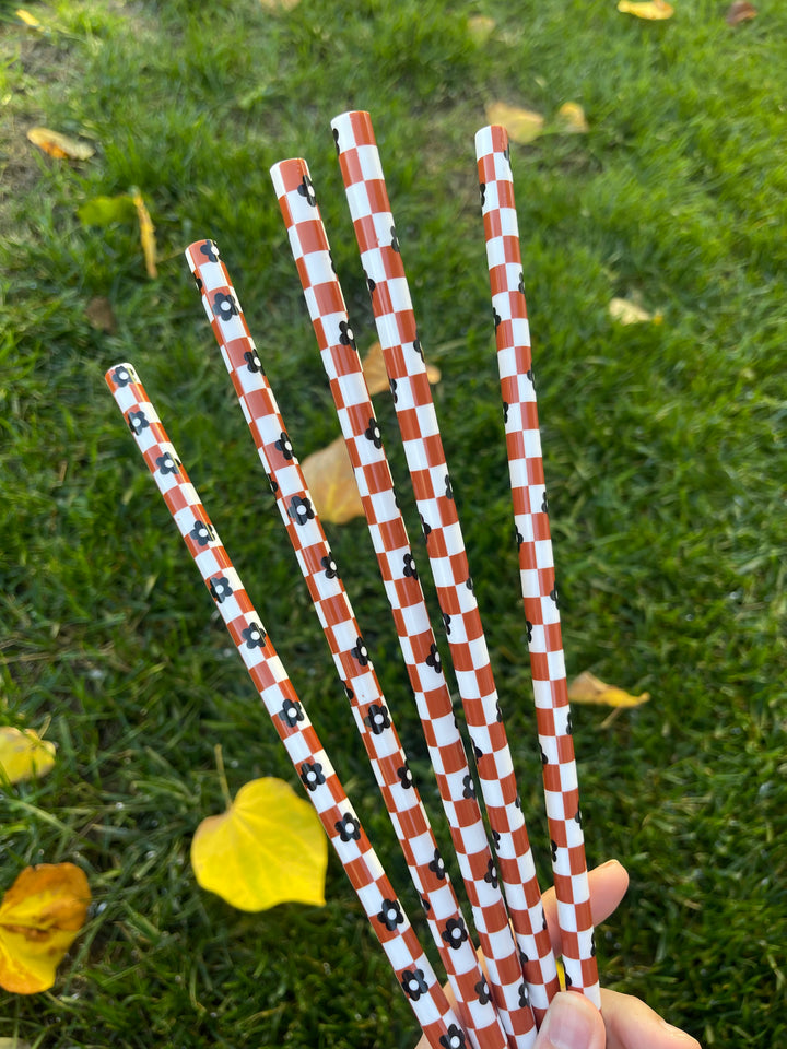 Burnt Checkered + Daisies 40 oz Reusable Straws- Wide Fit