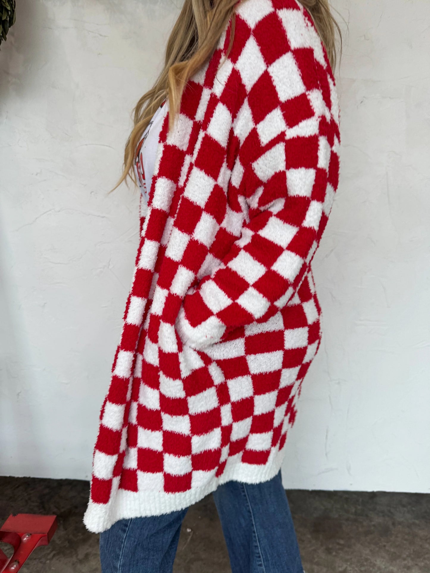 Red and White Checkered Cloud Cardigan