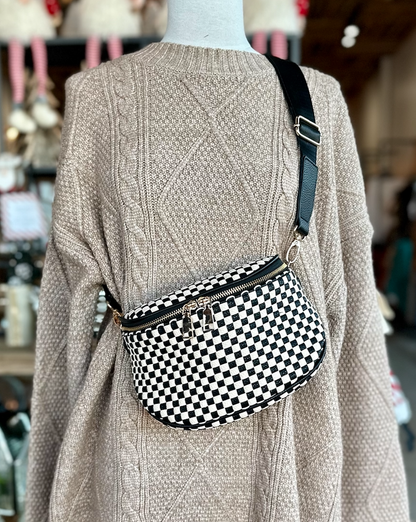Birdie Saddle Checkered Crossbody Bag: Tan
