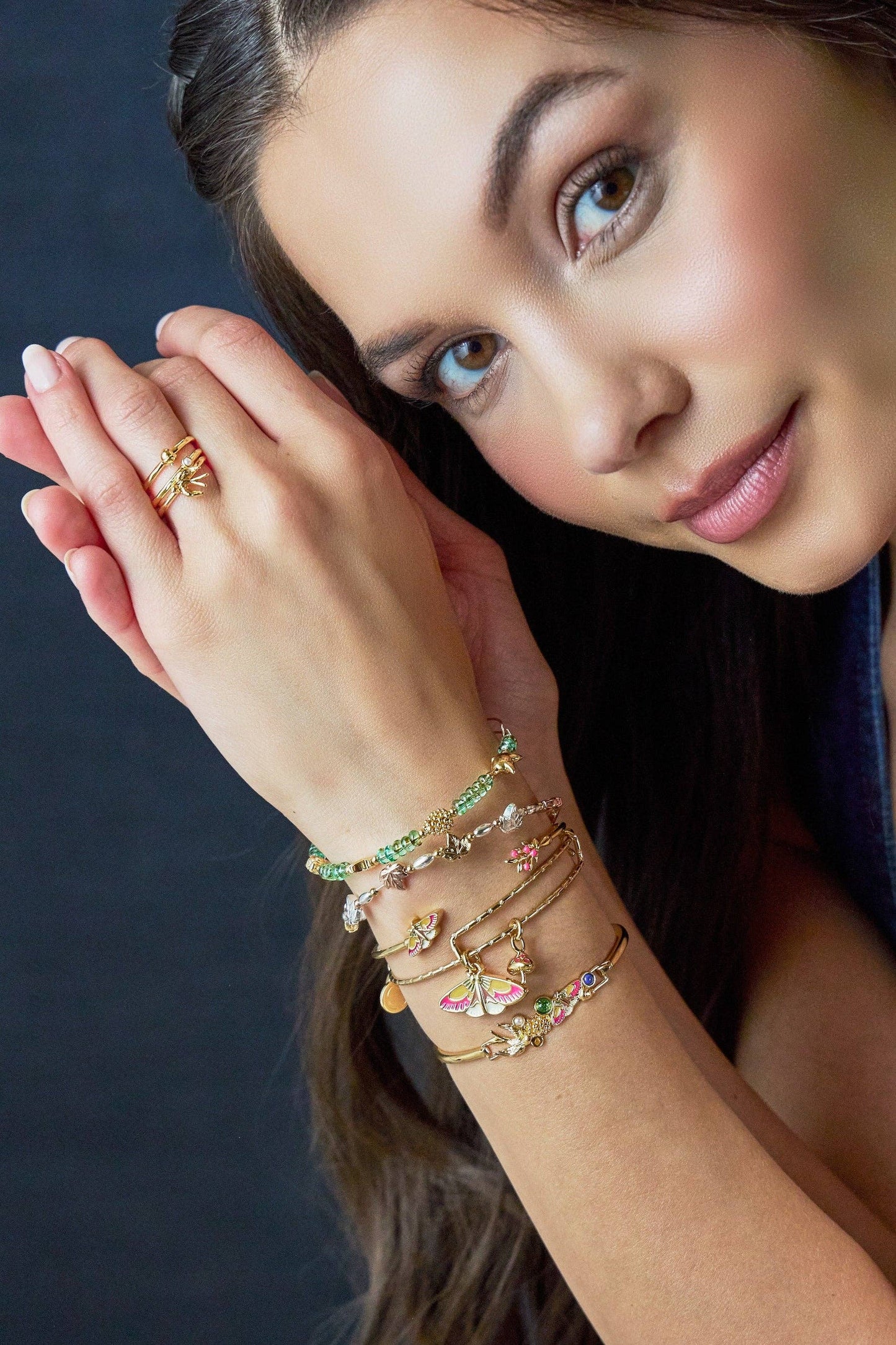 Woodland Moth & Mushroom Duo Charm Bangle: Gold