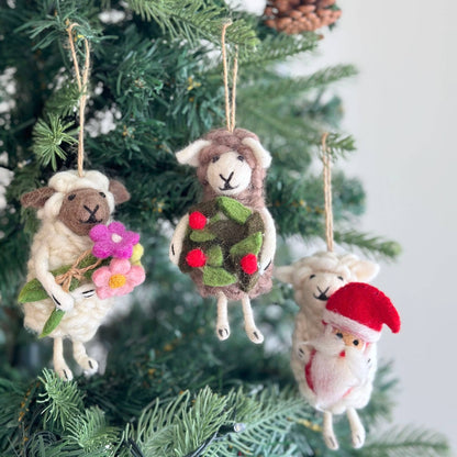 Felt Sheep Ornament Set – Holiday Holding Collection: Holding Santa