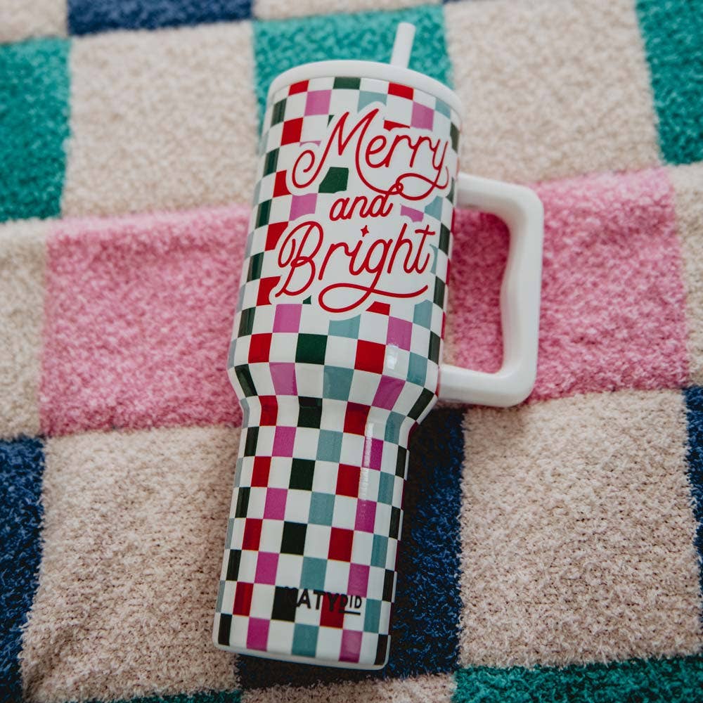 Merry & Bright Checkered Tumbler Cup w/ Handle: White