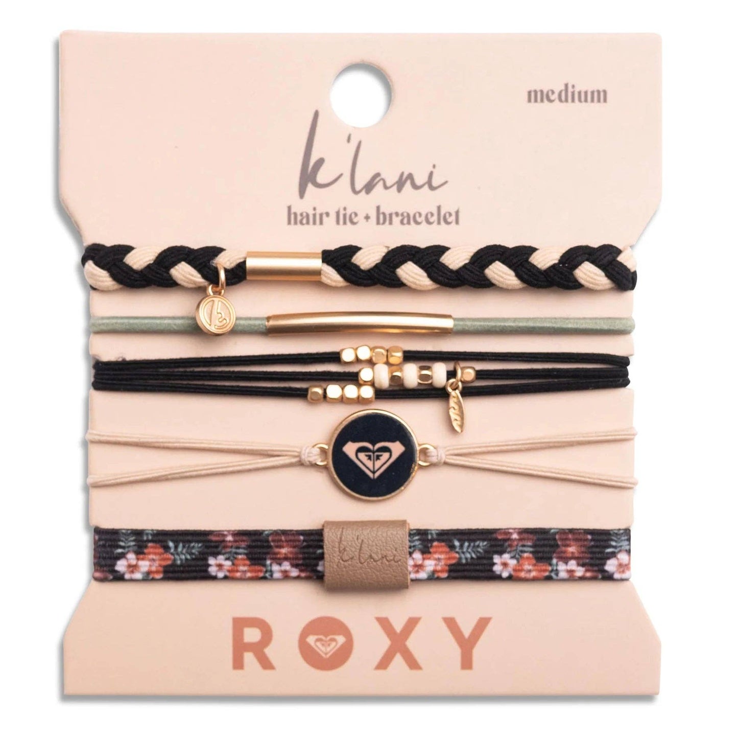 "Roxy Coastal Drift" Black and Neutral Beachy Vibe Hair Tie Bracelets: Medium