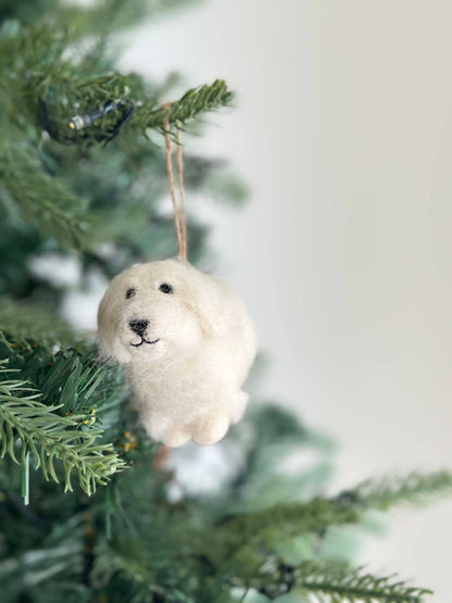 Felt Ornament - White Maltese Dog: With Santa Hat