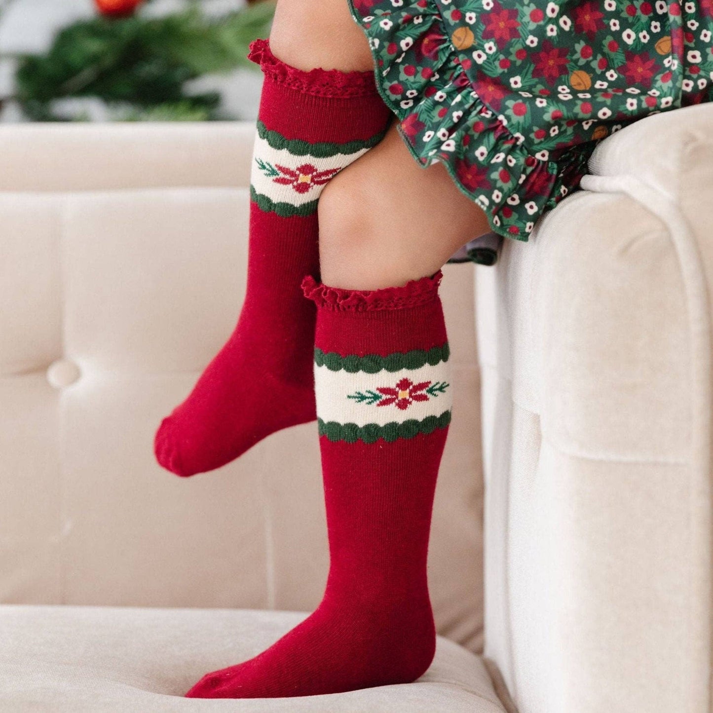 Poinsettia Lace Top Knee High Socks: 0-6 MONTHS
