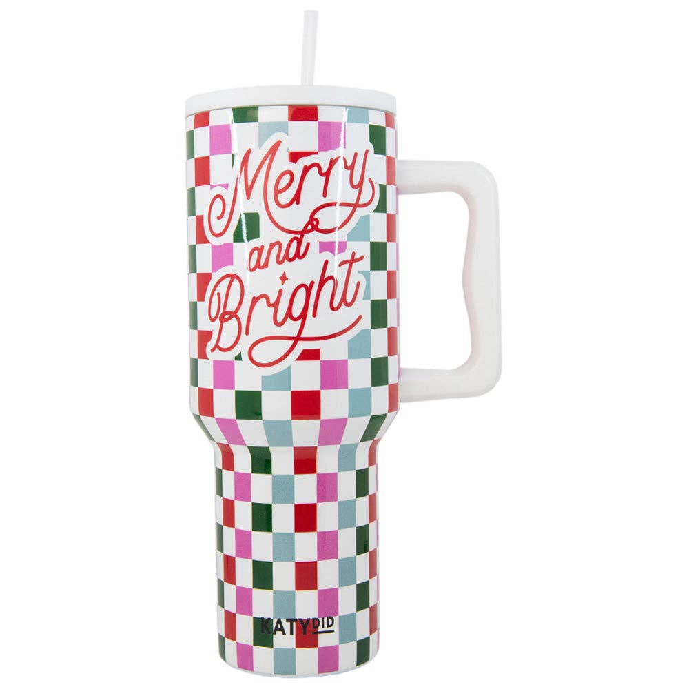 Merry & Bright Checkered Tumbler Cup w/ Handle: White