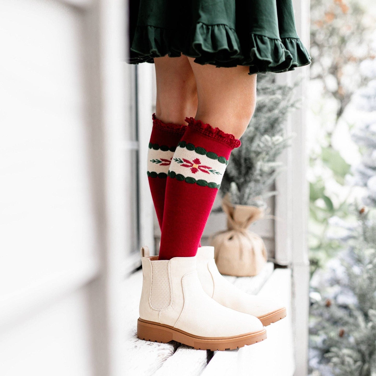 Poinsettia Lace Top Knee High Socks: 0-6 MONTHS