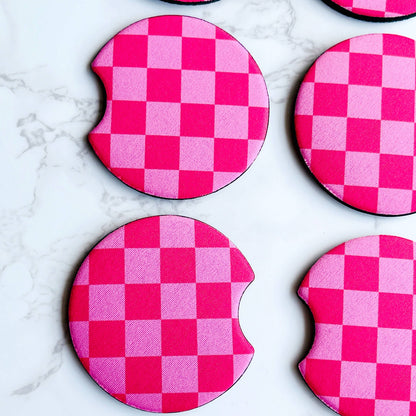 2 Car Coasters, Pink Checkerboard Design